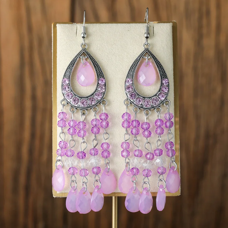 

Vintage Temperament Purple Crystal Water Drop Earrings for Women Ethnic Long Handmade Dangle Earring Female Jewelry