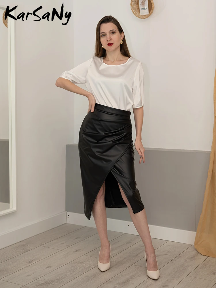 Skirts For Women Autumn Leather Solid Black High Waist Zipper Slim Split Fork PU Leather Long Skirt Women's Midi Skirts Outwear