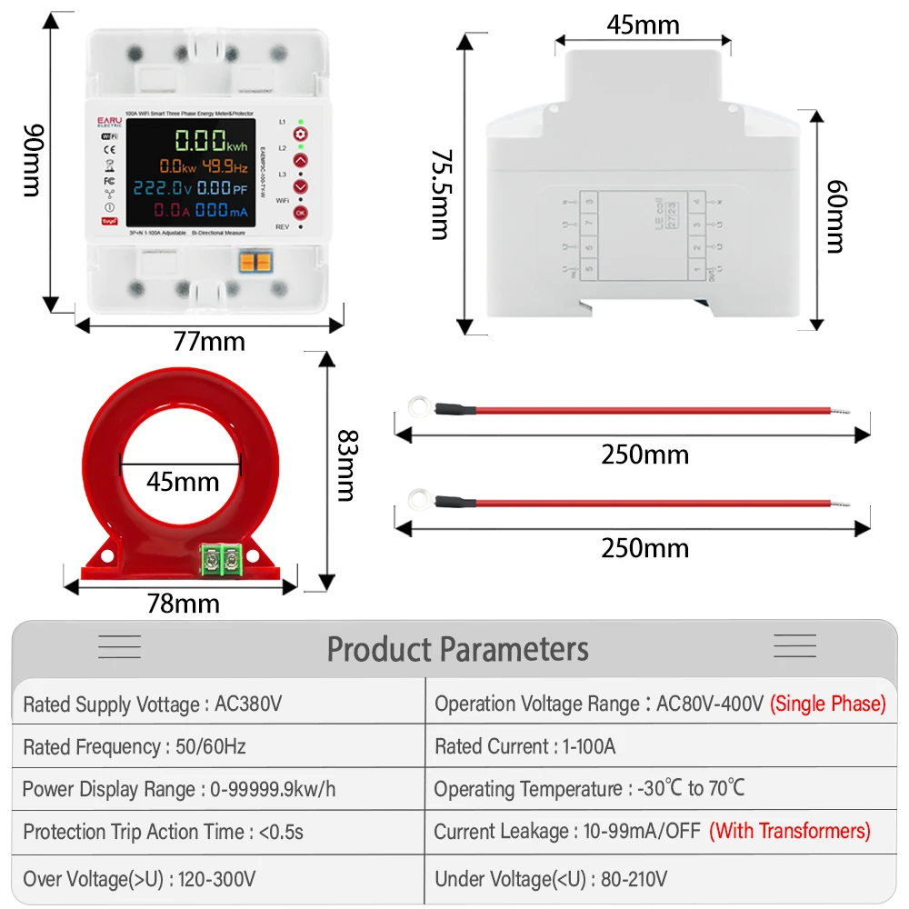 Three Phase 100A Tuya WiFi Smart Bi-Directional Energy Power kWh Meter Leakage Over Under Voltage Protector Switch Current Limit