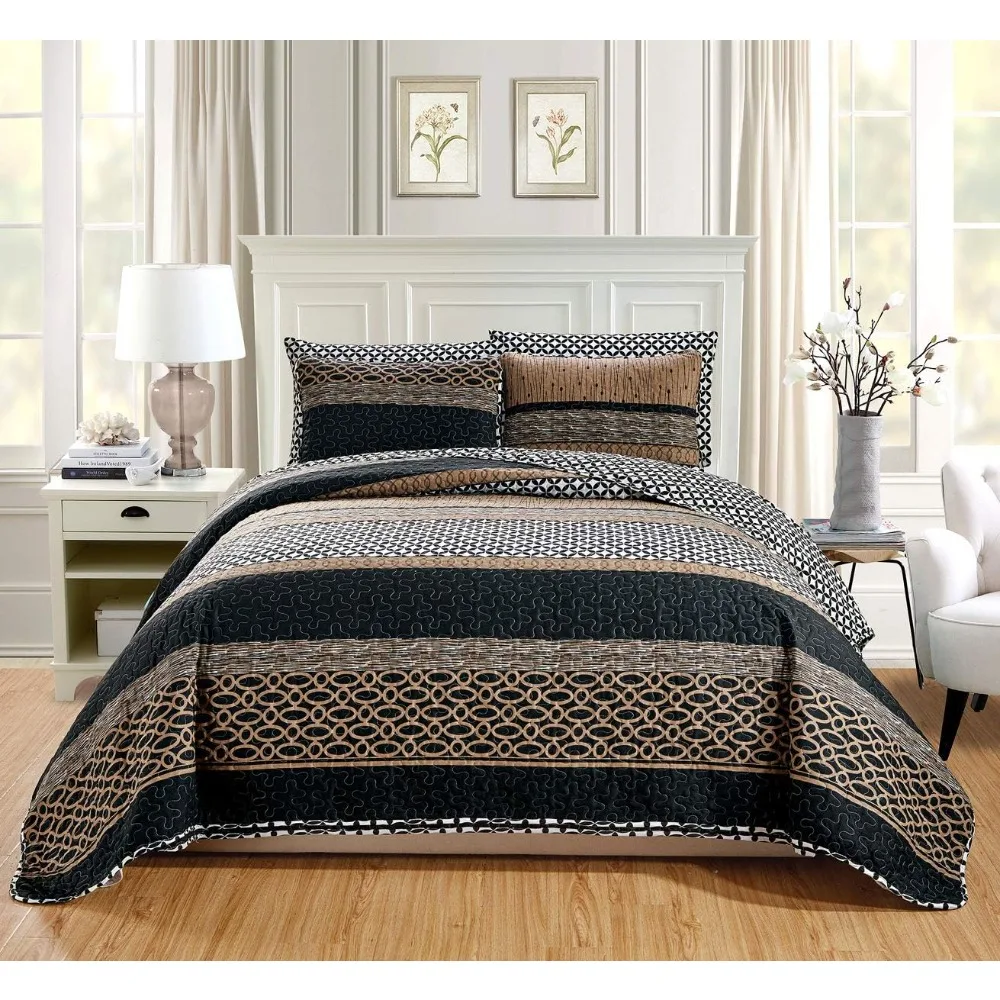 

3-Piece Fine Printed Oversize Quilt Set Reversible Bedspread Coverlet King Size Bed Cover Black, Brown, T