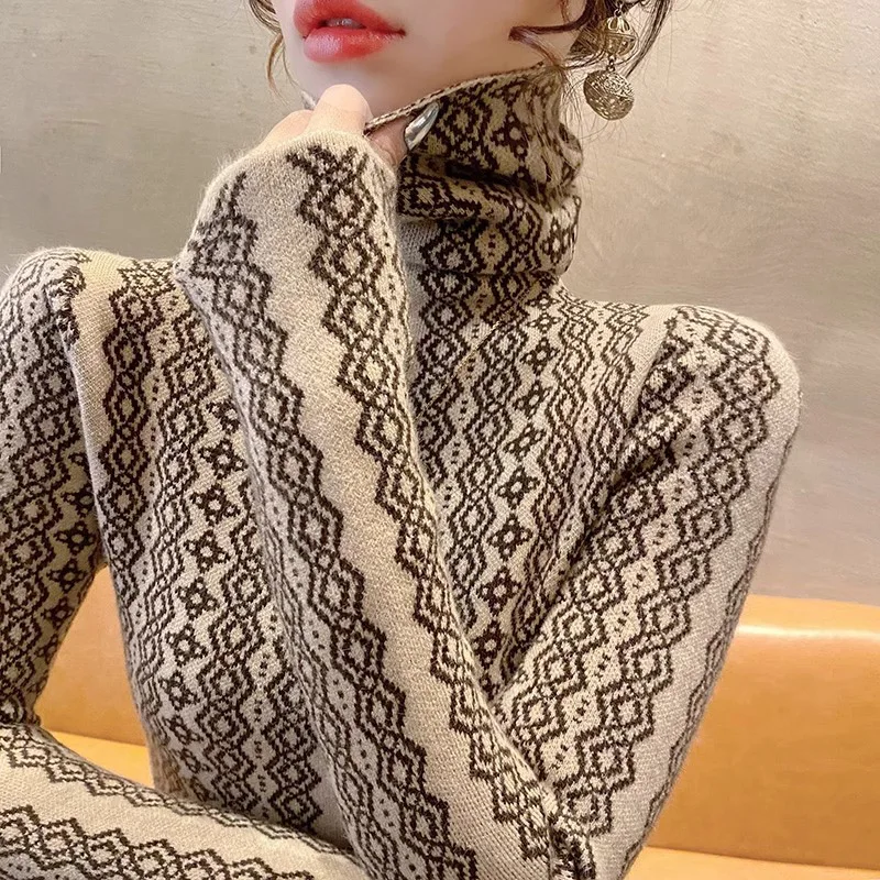 Women Slim Classic Vintage Jacquard Turtleneck Sweaters Spring New Long Sleeve Knitted Fashion Elastic Pullovers Female Top