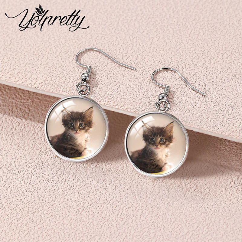 2023 New Arrival Fashion Cute Kittens Cat Pet Animal Glass Dome Round Dangle Earrings Handcraft Fish Hook Dangle Earrings