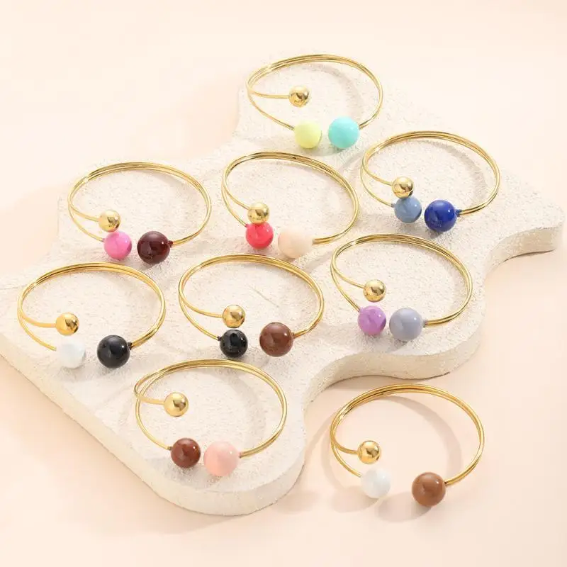 Multi Color Joyful Candy Enamel Round Ball Adjustable Ring Stainless Steel  Gold Color PVD Plated Y2K Jewelry