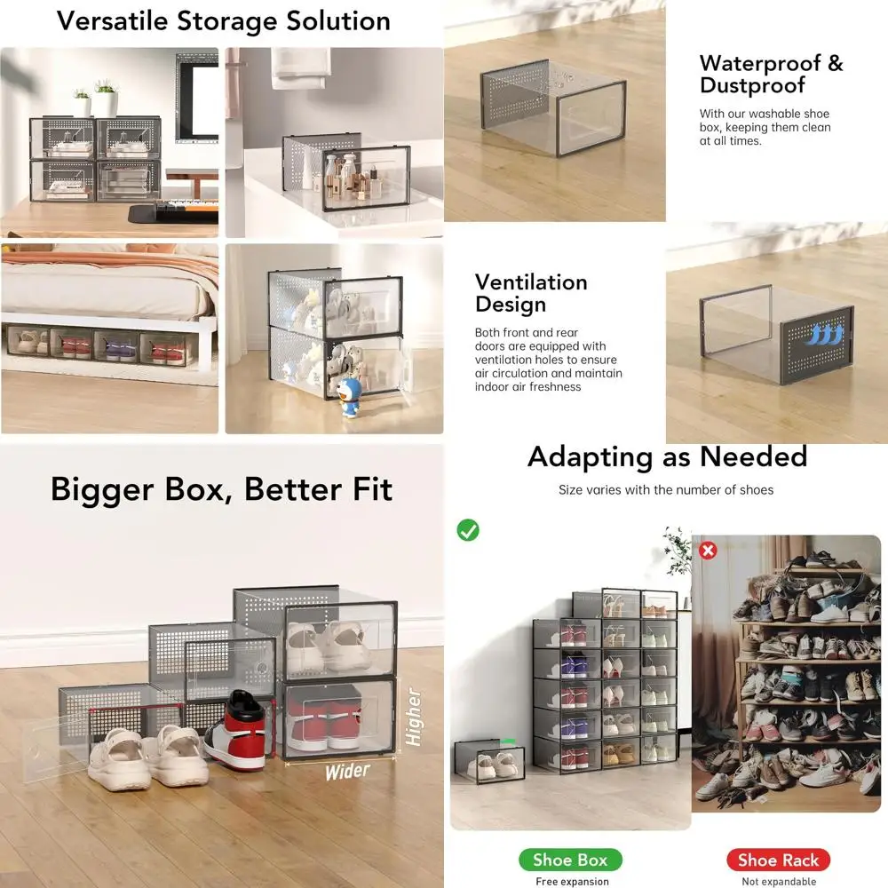 

Stackable Clear Plastic Shoe Boxes, 15-Pack for Closet, Interlocking Design with Lids, Foldable Shoe Rack, Black