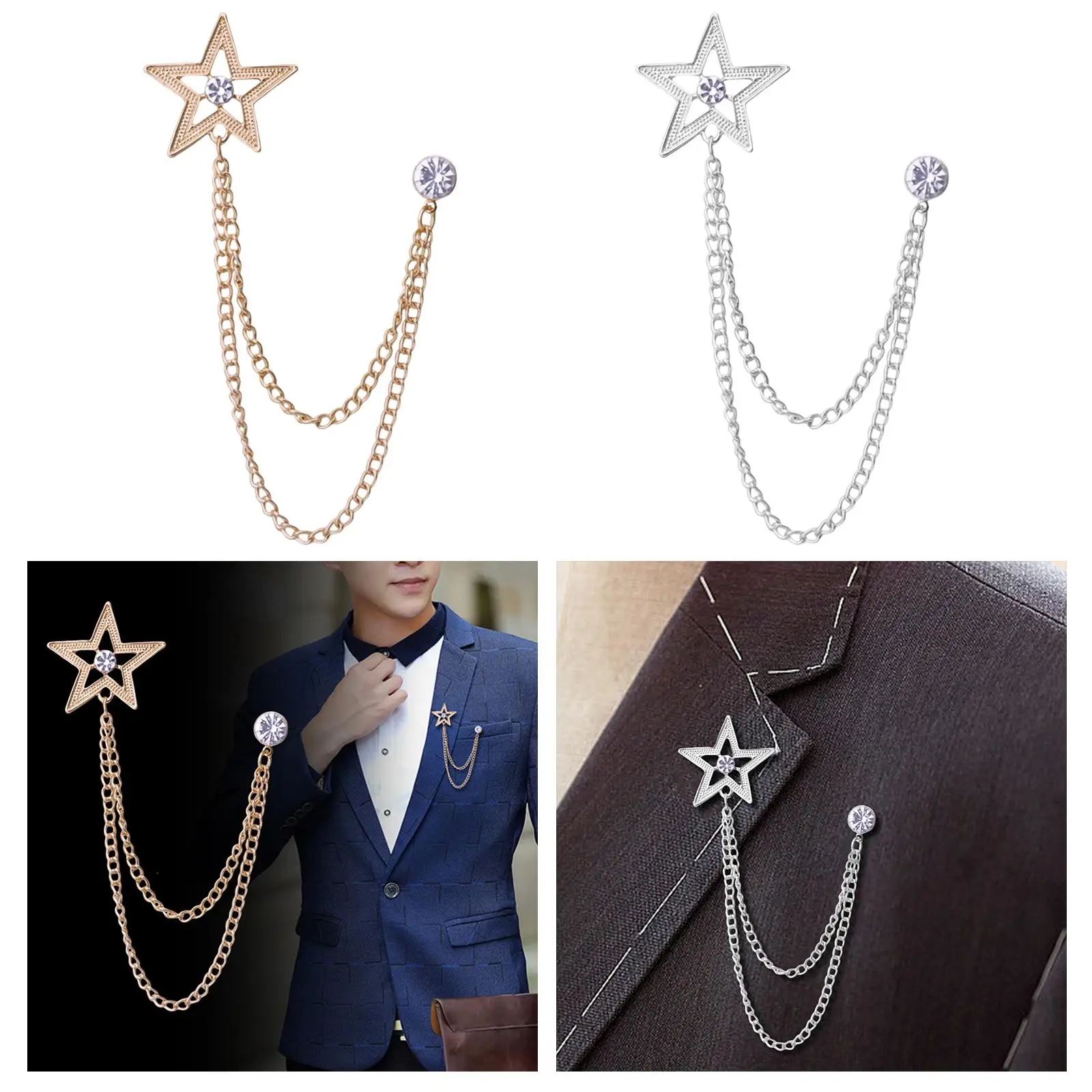 Heren pak ster broche reversspeld handgemaakte metalen ketting kwastje met strass