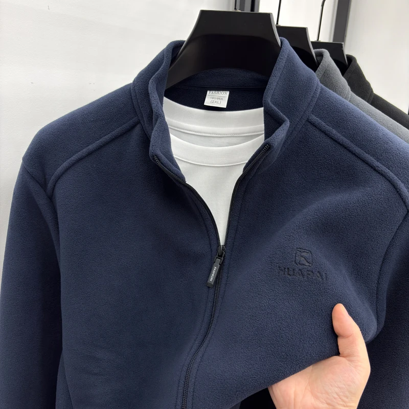 High End Fleece Jacket for Men's Autumn and Winter Casual Stand Up Collar Zipper Cardigan Sweatshirt Fleece Jacket