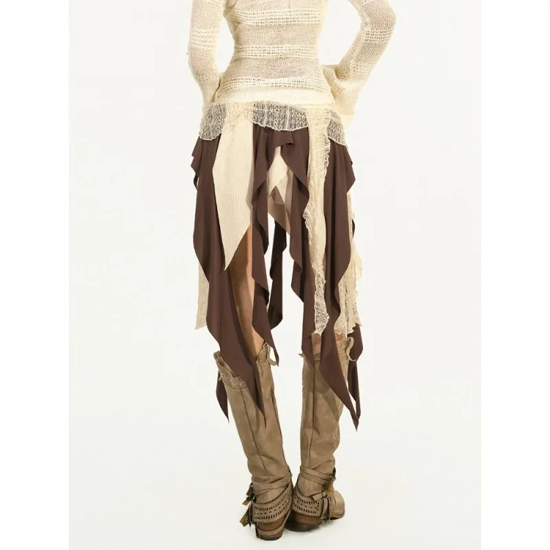 Spódnica damska w stylu koreańskim, patchworkowa, z koronką, kontrastującymi wstążkami, wysoki stan, wyszczuplająca, asymetryczna, niszowy design.