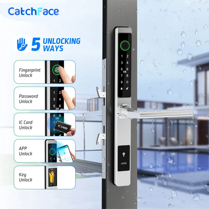 Waterproof TTLock Outdoor Gate Fingerprint Bluetooth APP RFID Code Keyless Electronic Smart Door Lock for Glass Aluminum Sliding