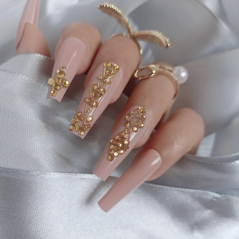 24pcs New design luxury jewelry khaki Press on nails  long ballet coffin fake nails crystal diamond High-end