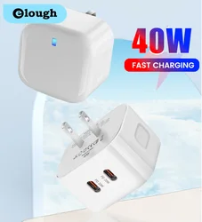 Elough 40W Double Type C Fast Charge Adapter USB C Super Charge US/UK/EU Mobile Phone Charger For Iphone Huawei Xiaomi Samsung