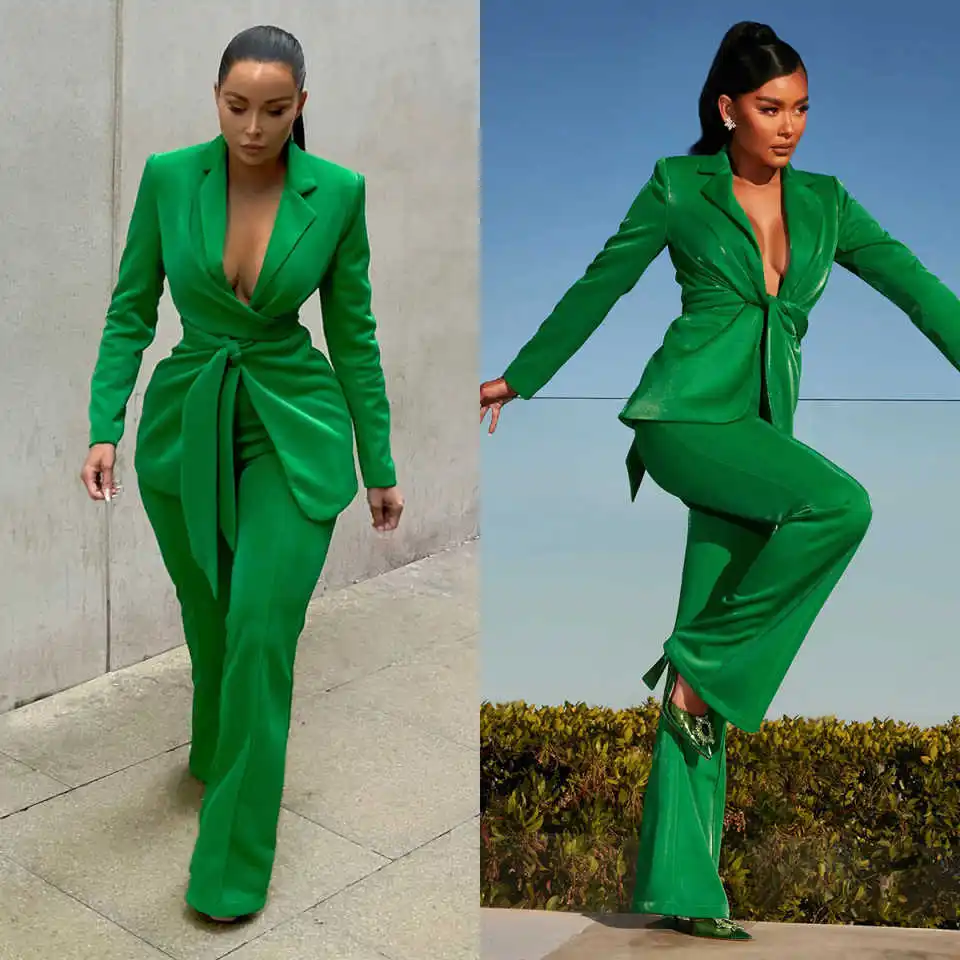 

Fresh Green Women Pants Suits Slim Fit Deep V Neck Ladies Fashion Wear Prom Birthday Party Customized 2 Pieces