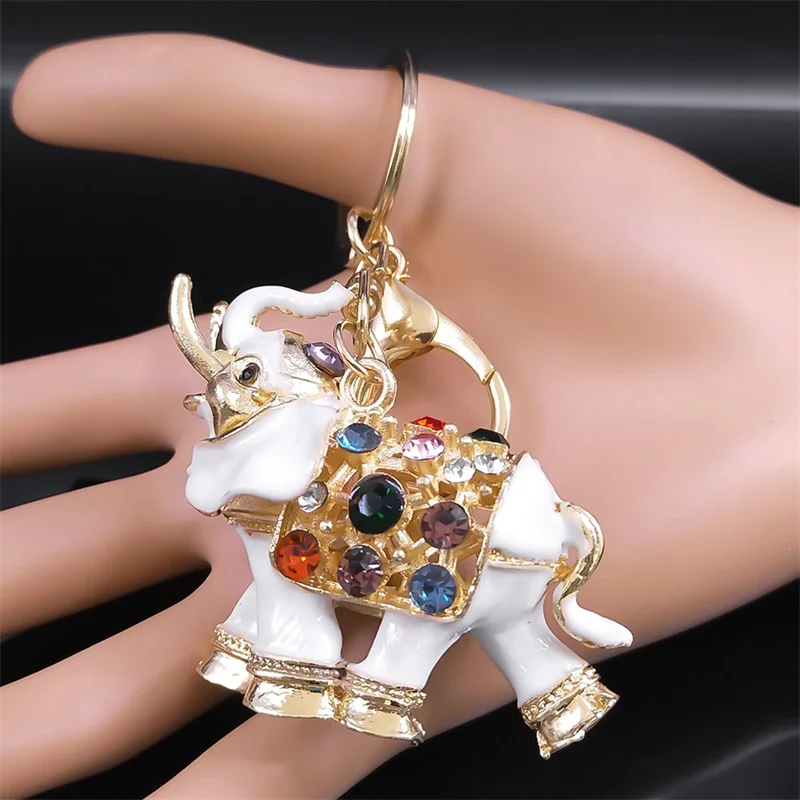 Colorful Crystal Elephant Key Chain for Women Men Ethnic Alloy Rhinestone Bag Accessories Cute Animal Keyrings Car Jewelry K5246