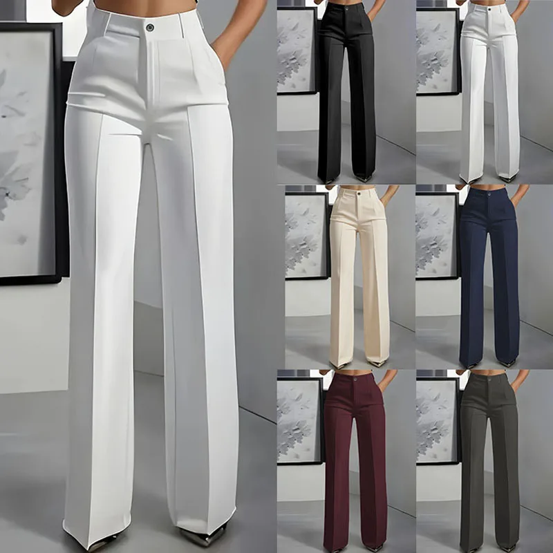 

Women's High Waist Dress Pants - Flowy Straight Leg Trousers, Minimalist Office Tailored Pants