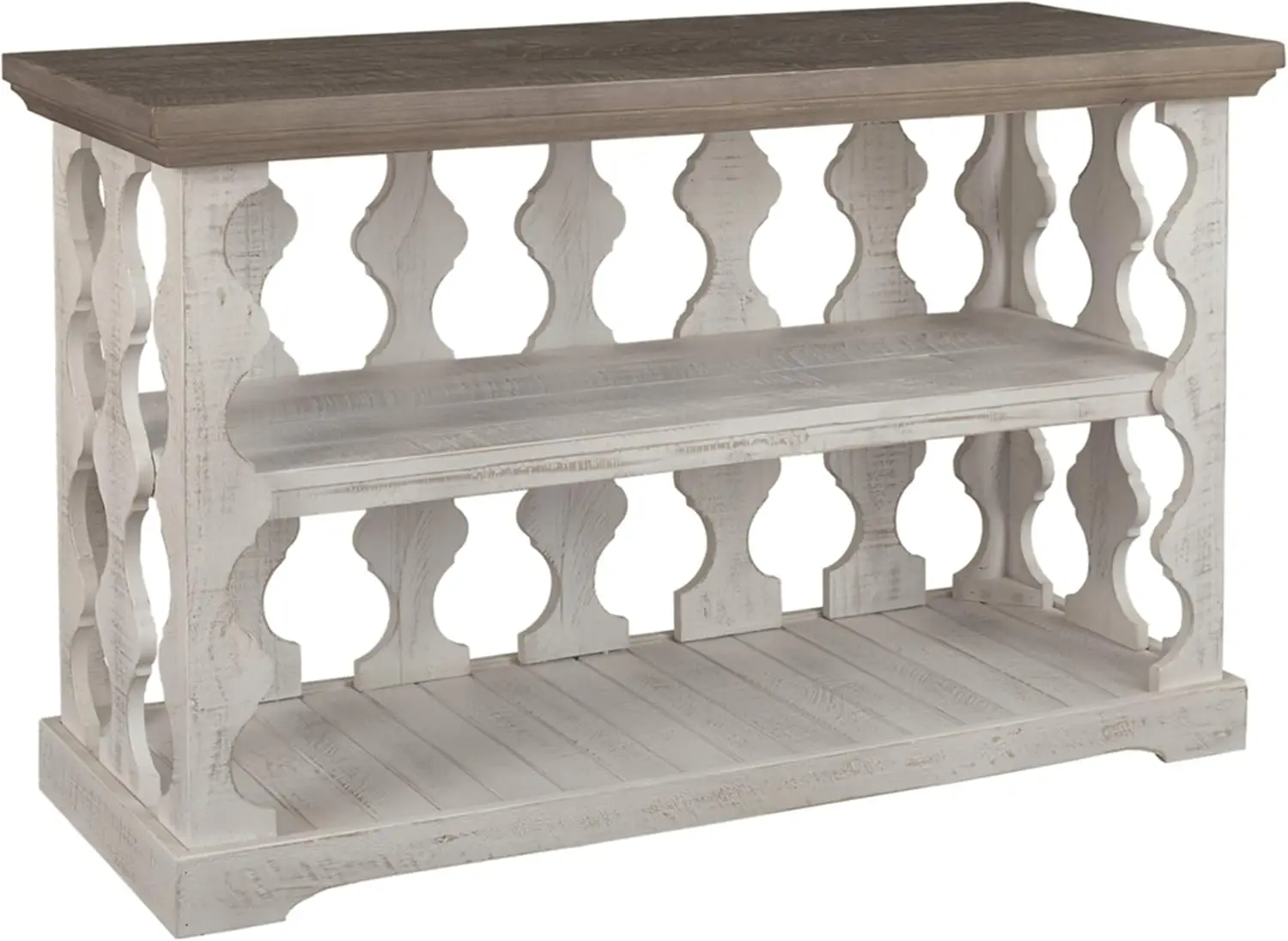 Farmhouse Sofa Table with 2 Fixed Storage Shelves, Gray & White with Weathered Finish