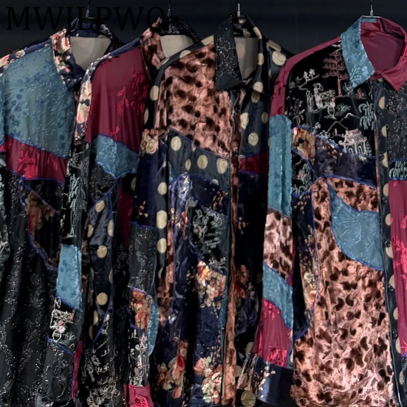 

MWJLPWQ Spliced Design Velvet Pleated Shirt New Printed Niched Lapel Long Sleeve Trendy Loose Casual Tops 2025 Autumn New 12257
