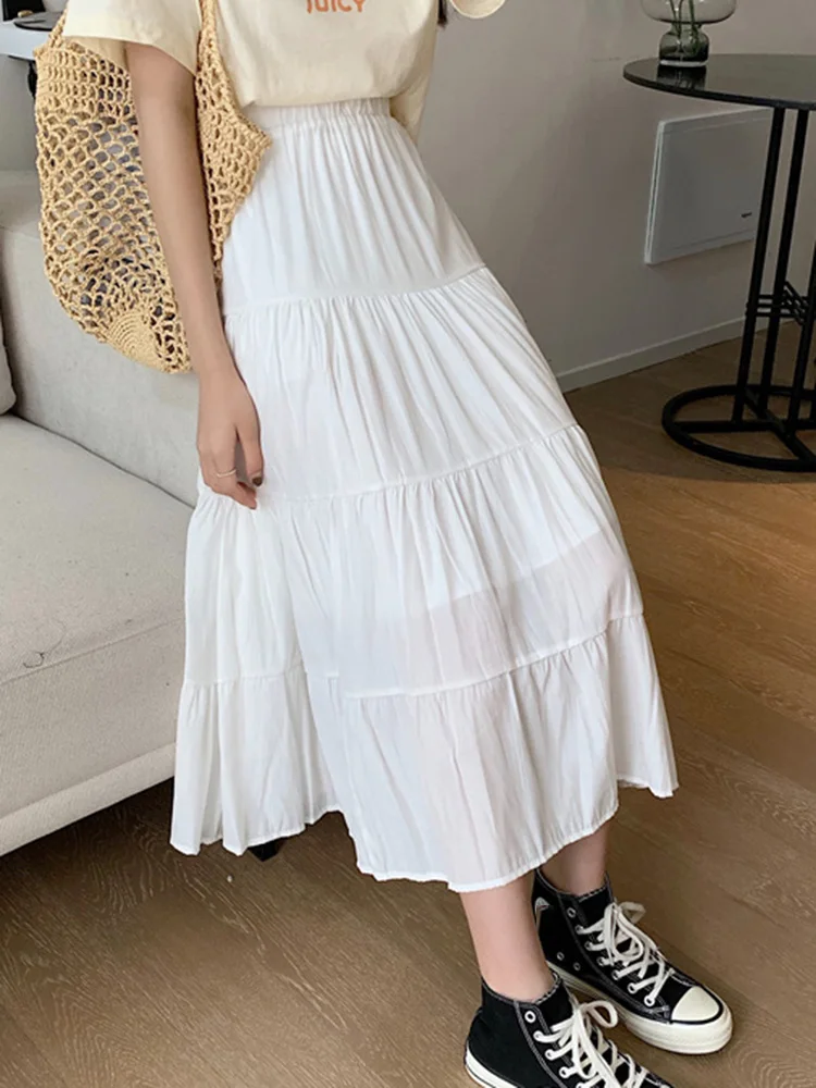 Summer A-LINE Loose Black White Cotton Long Skirt Women Casual Vintage High Waist Elastic Patchwork Girl Elegant