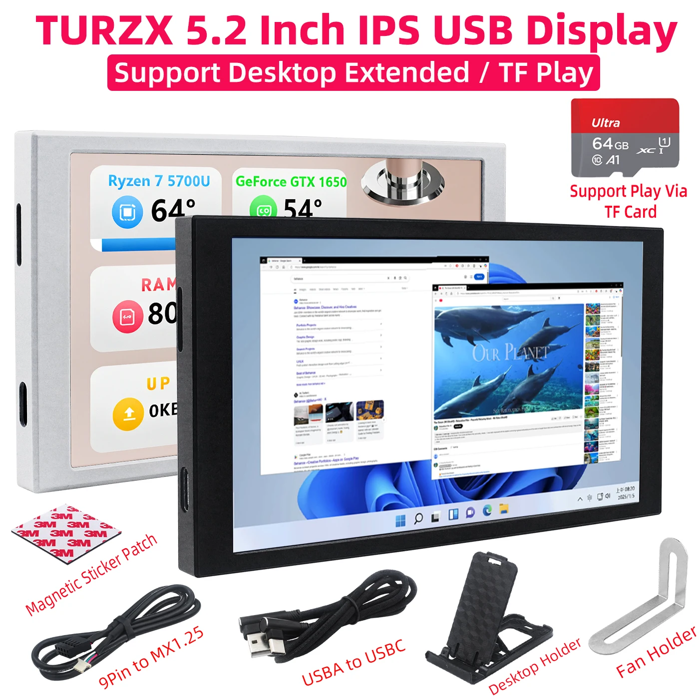 

TURZX 5,2-дюймовый интеллектуальный дисплей 1280*720 USB Вторичный экран IPS ЖК-дисплей Настольный монитор с разрешением TF-карты Поддержка FPS погоды