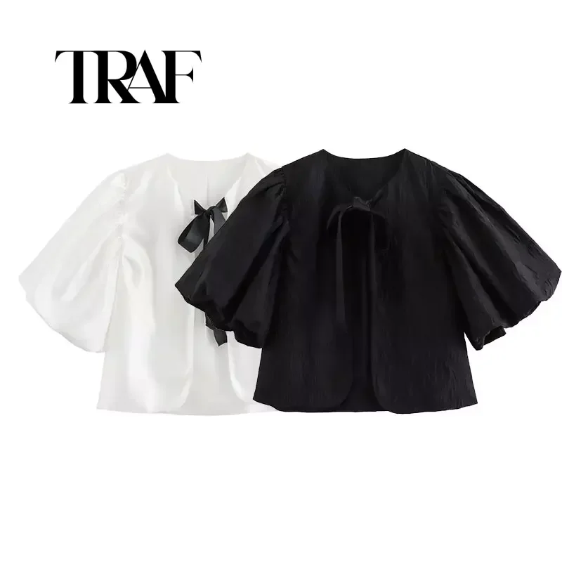 TRAF Women Elegant Bow Tie Short Puff Sleeves Shirt Women Fashion Spring Lady Chic O Neck Tops For Women Streetwear ﻿