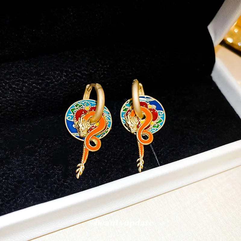 NISHIZAWA Chinese Style Colorful Oil Dripping Dragon Shaped Earrings Niche Earrings Personality Design Earrings for Women