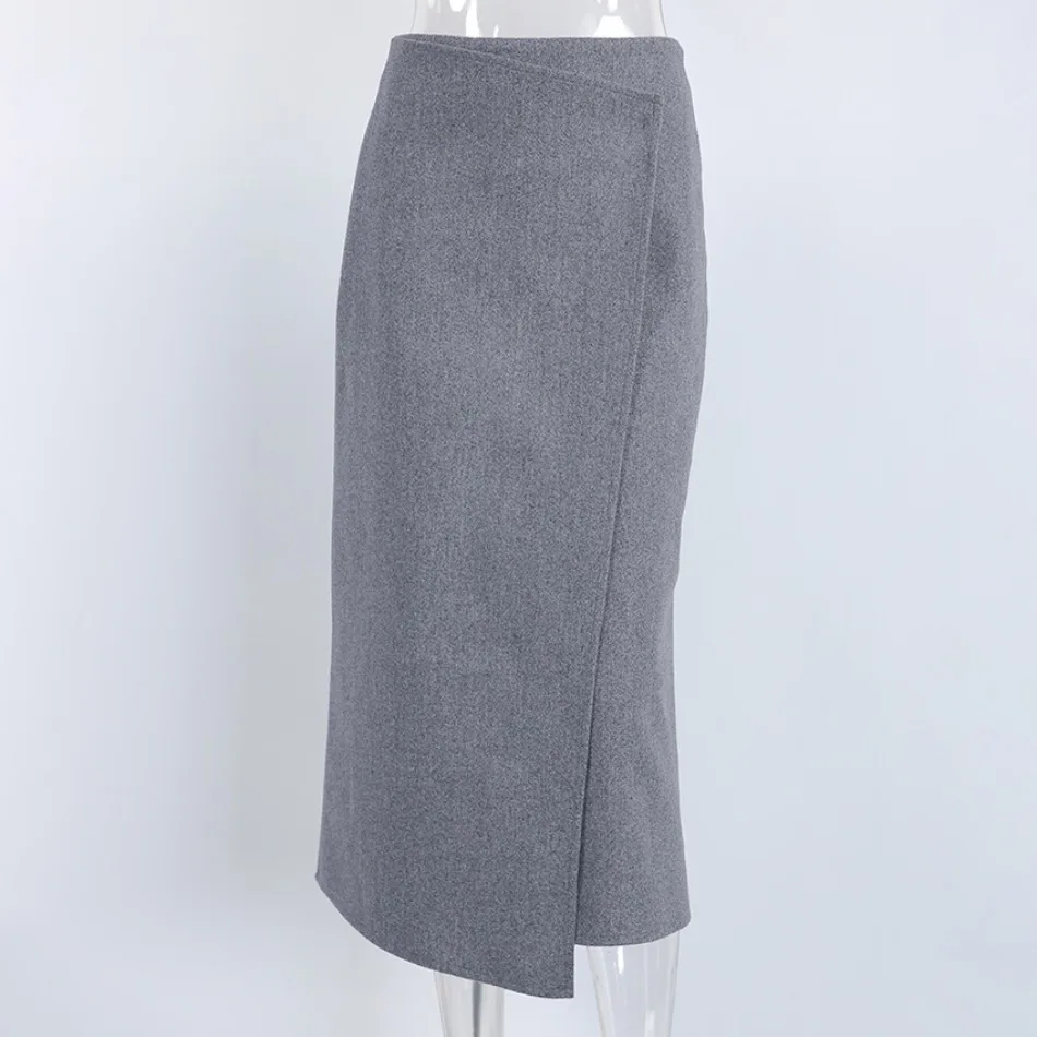 Herbst Winter Neue Damen-Pendlerkleidung Grauer Woll-Midirock Eleganter Hochtaillierter Knopf-Schlitzrock für Damen – Detail 18