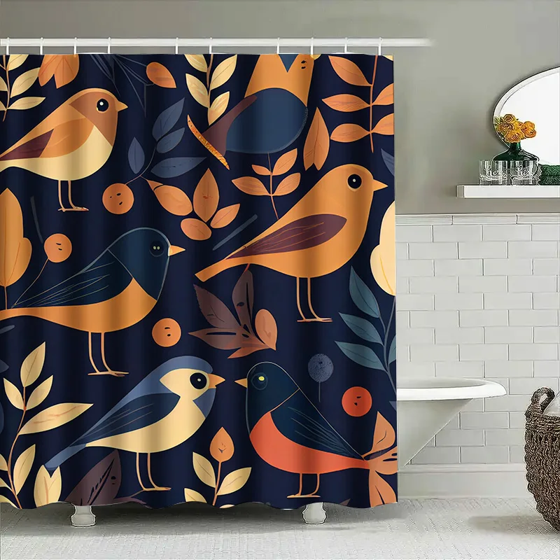 

Современный ретро-стиль, птицы, листья, синий, темно-синий, занавеска для душа для декора ванной комнаты, водонепроницаемая ткань, 72 x 84 дюйма, черный, красный, желтый или
