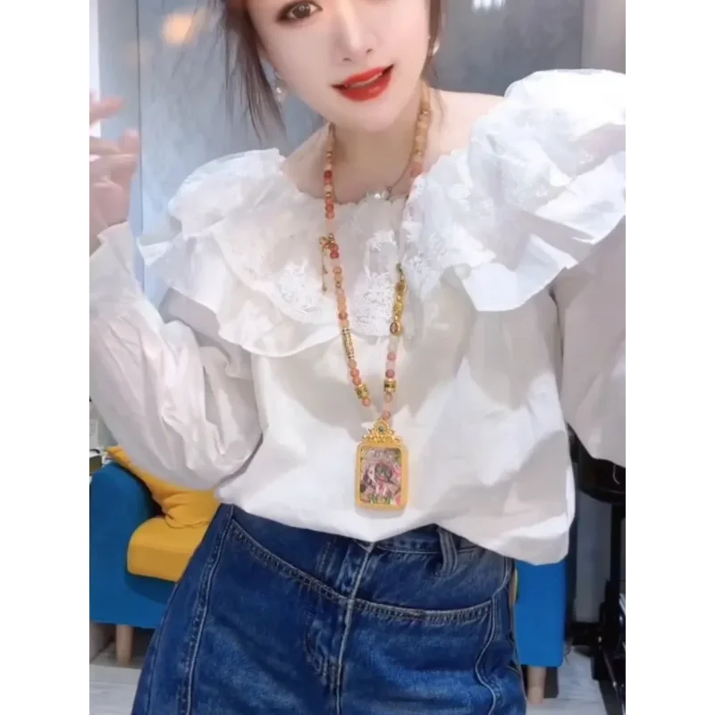 

Женская новая лоскутная модная однотонная рубашка с длинными рукавами и рюшами, тонкий универсальный топ на одно плечо