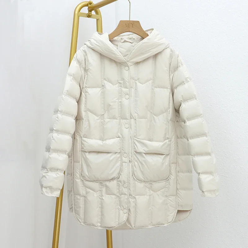 Lagabogy-Chaqueta de plumón de pato ultraligera para mujer, parka de un solo pecho con capucha de longitud media, color blanco, para otoño e invierno, 2024