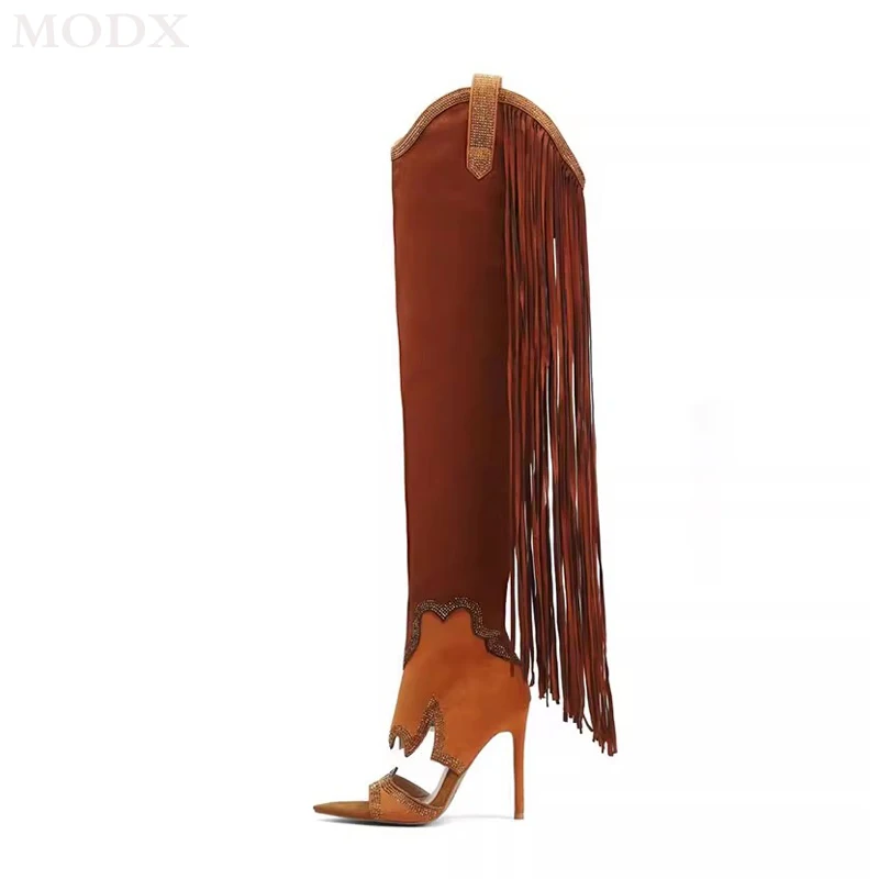 

Summer Pointed Toe Open Toe Suede Knee High Boots Fashion Rhinestone Splicing Tassel Side Zipper Super High Heel Sandal Boots