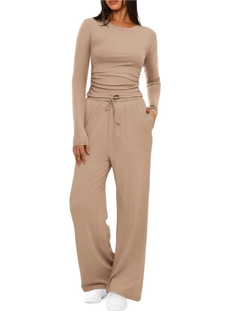 Pants Set For Women Slim Round Neck Long Sleeve Sweatshirt Drawstring High Waist Straight Trousers 2025 New Lady Two Piece Sets