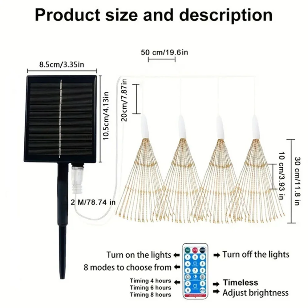 Zonne-Energie Vuurwerk Lamp Waterdicht 8 Modi Afstandsbediening Buiten Opknoping Kerstverlichting Koperdraad Licht Voor Tuin Kerst Decor