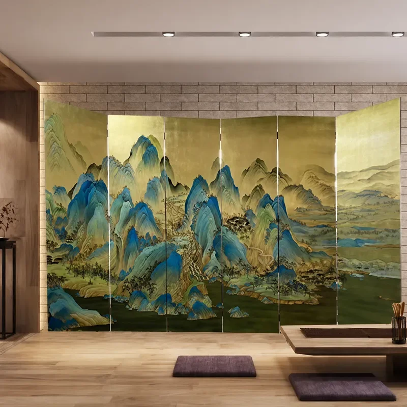 Chinese Hand Painted Landscape Folding Screen with Gold Foil Details Mobile Room Divider for Living Room Partition Decor