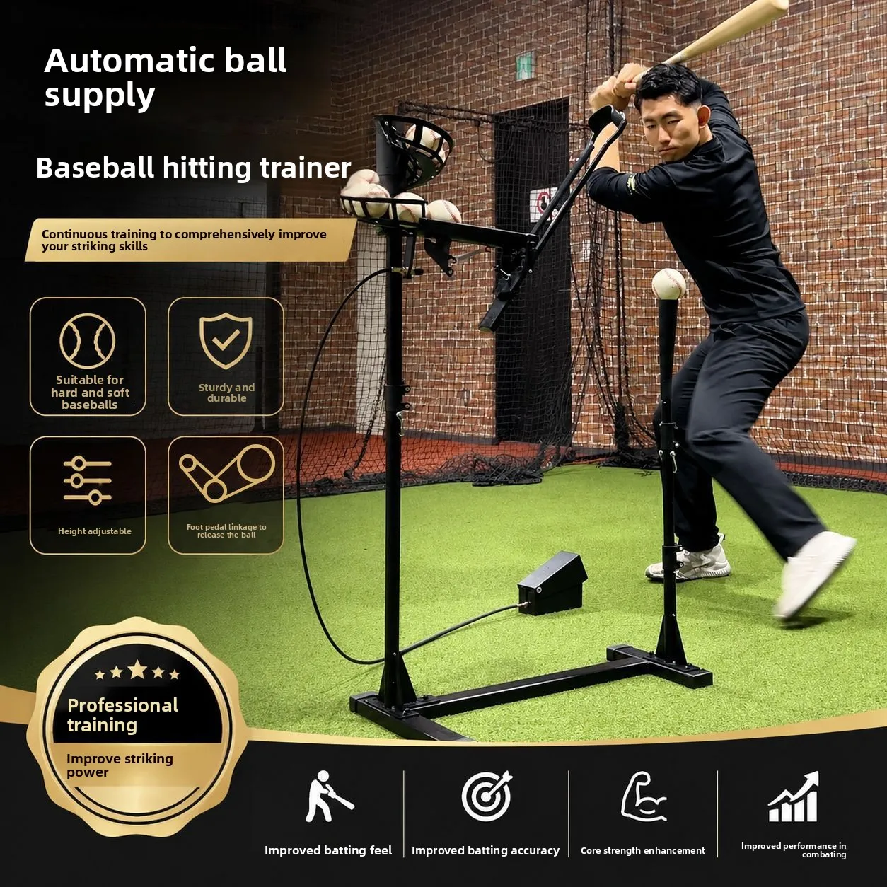 Baseball Pitching Machine Foot Pedal Auto Feeder Adjustable Height Batting Trainer