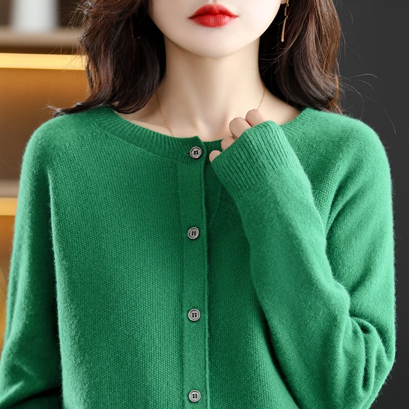 Round neck cardigan women's 100% pure sweater new first-line ready-to-wear sweater leisure wool sweater in autumn and winter