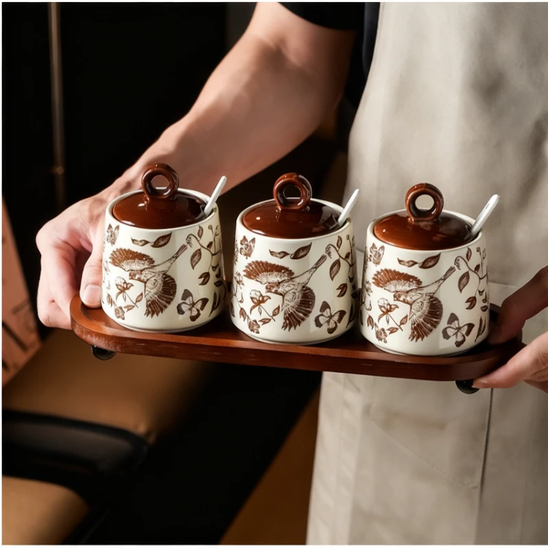 

Средний древний стиль, кухонная банка для приправ, набор для хранения, бытовая керамическая банка для соли и сахара, предметы первой необходимости для дома