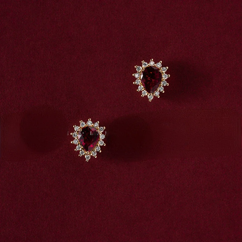 

Trumium s925 Silver Red Gemstone Stud Earrings for Women Vintage Luxury Water Drop Earring 18K Gold Plated Wedding Jewelry