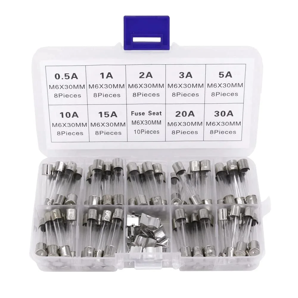 72Pcs 6x30mm Fast-Blow Glass Tube Fuse Quick Blow Glass Fuses Kits Fast Acting Fuse 250V 0.5A 1A 2A 3A 5A 8A 10A 15A 20A 30A