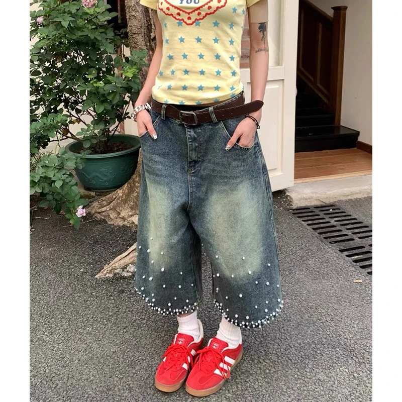 

Vintage Denim Shorts Women Y2K Streetwear Beading Wide Leg Short Jeans Summer Harajuku Grunge High Waist Baggy Short Pants New