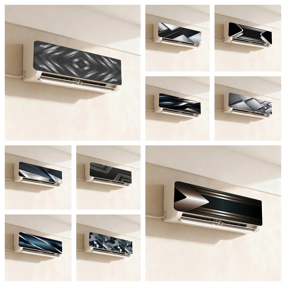 Modern Geometric Metallic Texture Air Conditioner Sticker, Self‑Adhesive PVC Black Silver Tech Geometric AC Unit Decor Decal