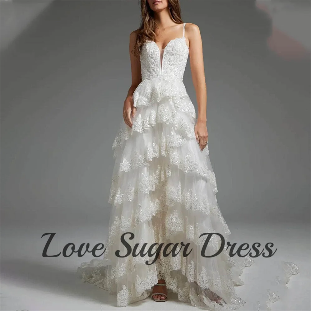 

A Line Tiered Wedding Dress Sequin Lace Applique Slit Long Bridal Gown Spaghetti Strap V Neck Bride Dresses vestido de novia