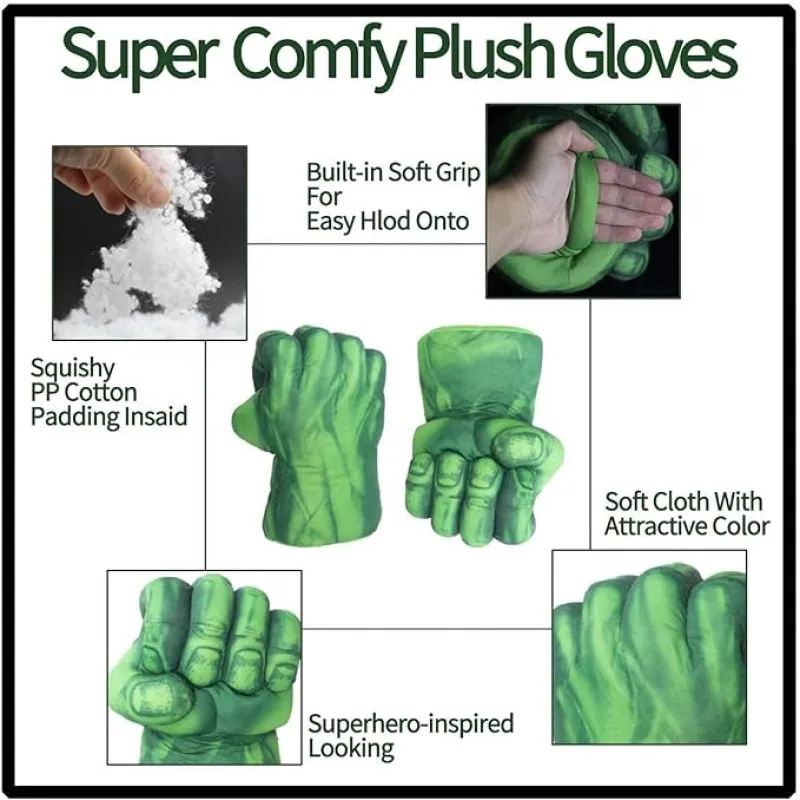 Hulk Cloak Cape Plush Hands Fists Costume with Green Cape and Eye-Mask – Complete Set of Punching Gloves Accessories for Kids