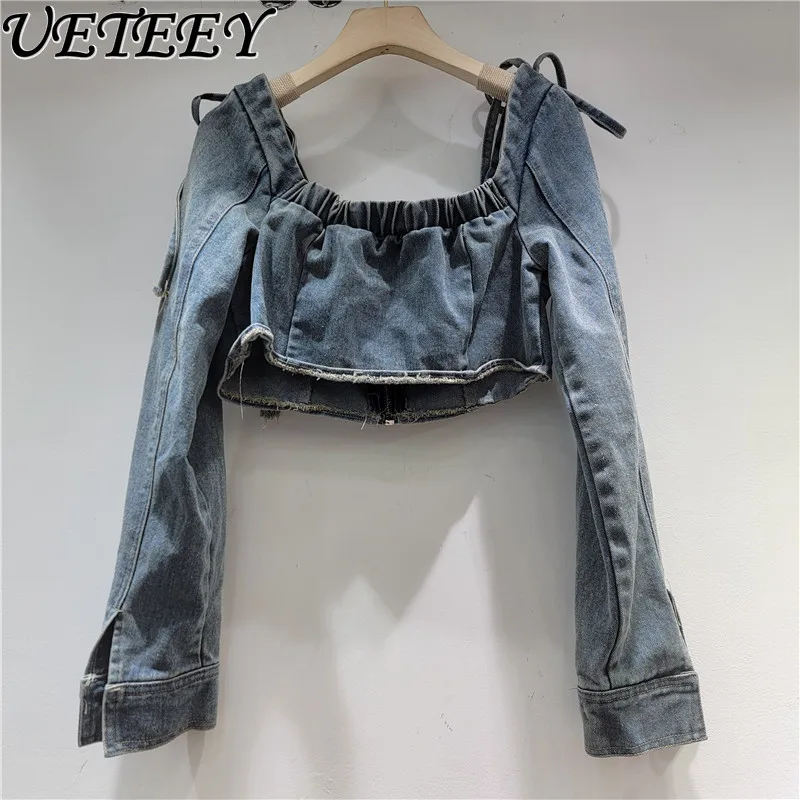 Nowa kolekcja wiosna-lato 2026: Niszowe, designerskie, dżinsowe bluzki z odkrytymi ramionami, krótkie topy, seksowne, sznurowane, dopasowane kurtki eksponujące pępek.