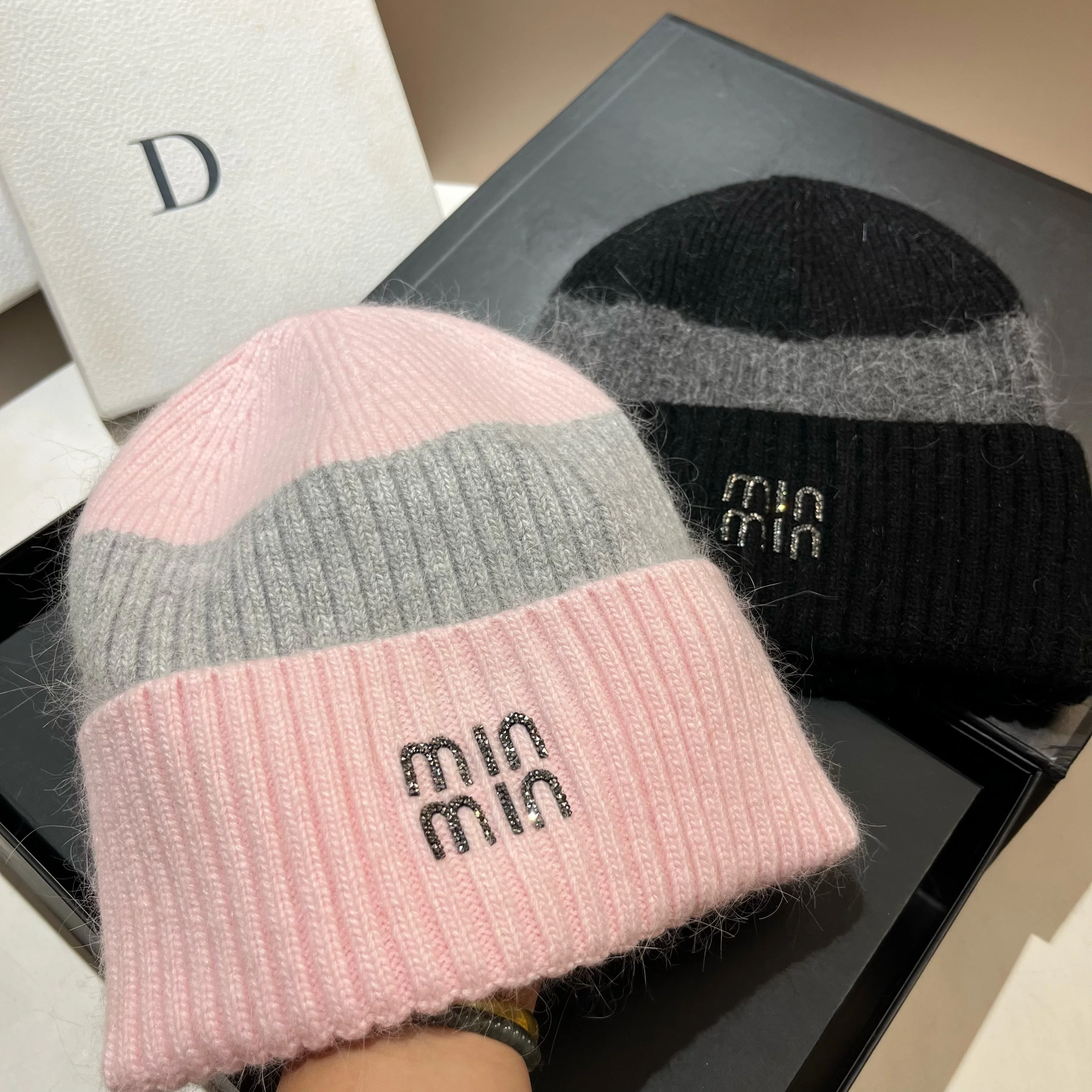 Winter Nordic New Angora Rabbit Wool Knitted Hat Fashionable Youth Color blocked Warm Soft Glutinous Wool Ear Protection Hat