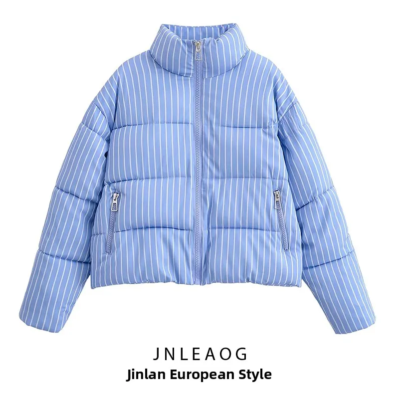

Faionable Striped Long Sve Cotton Jaet Women's Street Sle Autumn New Arrival Blue White Casual Versatile Outerwear