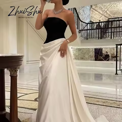 Customized Long Satin Evening Dresses Mermaid Black&amp;White حزب اللباس Pleated Sweep Train Evening Dress for Women 2026
