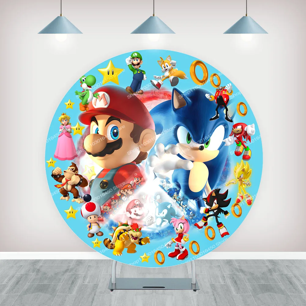 Round Backdrop Super Mario Bros and Sonic Elastic Circle Baby Shower Game Birthday Party Background Cylinder Decoration Props