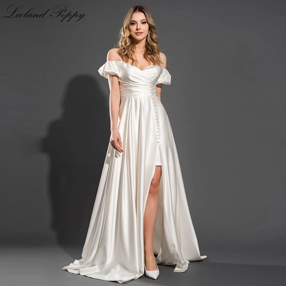 Lceland Poppy Customized A Line Boat Neck Satin Wedding Dress Floor Length Off the Shoulder Pleated Bridal Gowns with High Slit