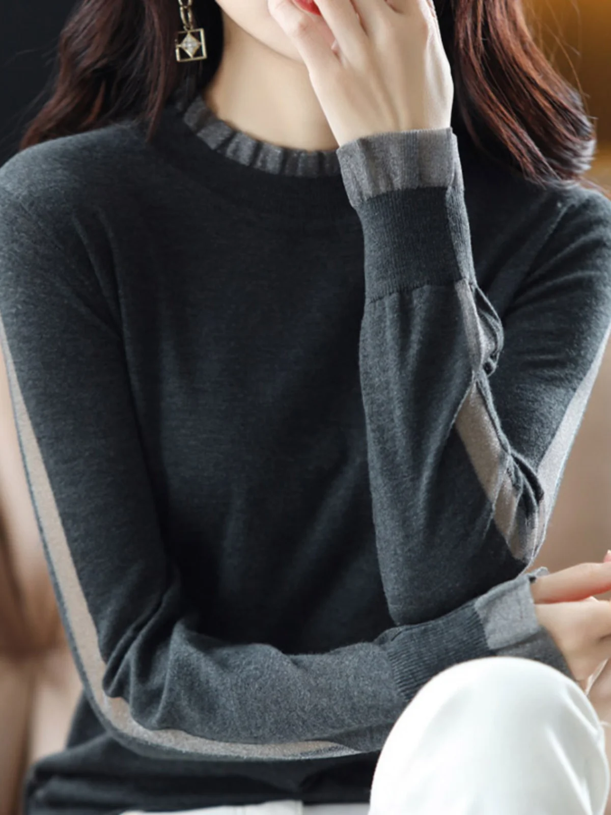 

Women's Knitted Hollow out Wool Sweater Ear Mushroom Collar Base Layer Spring Autumn New Style Long Sleeve Commute Style