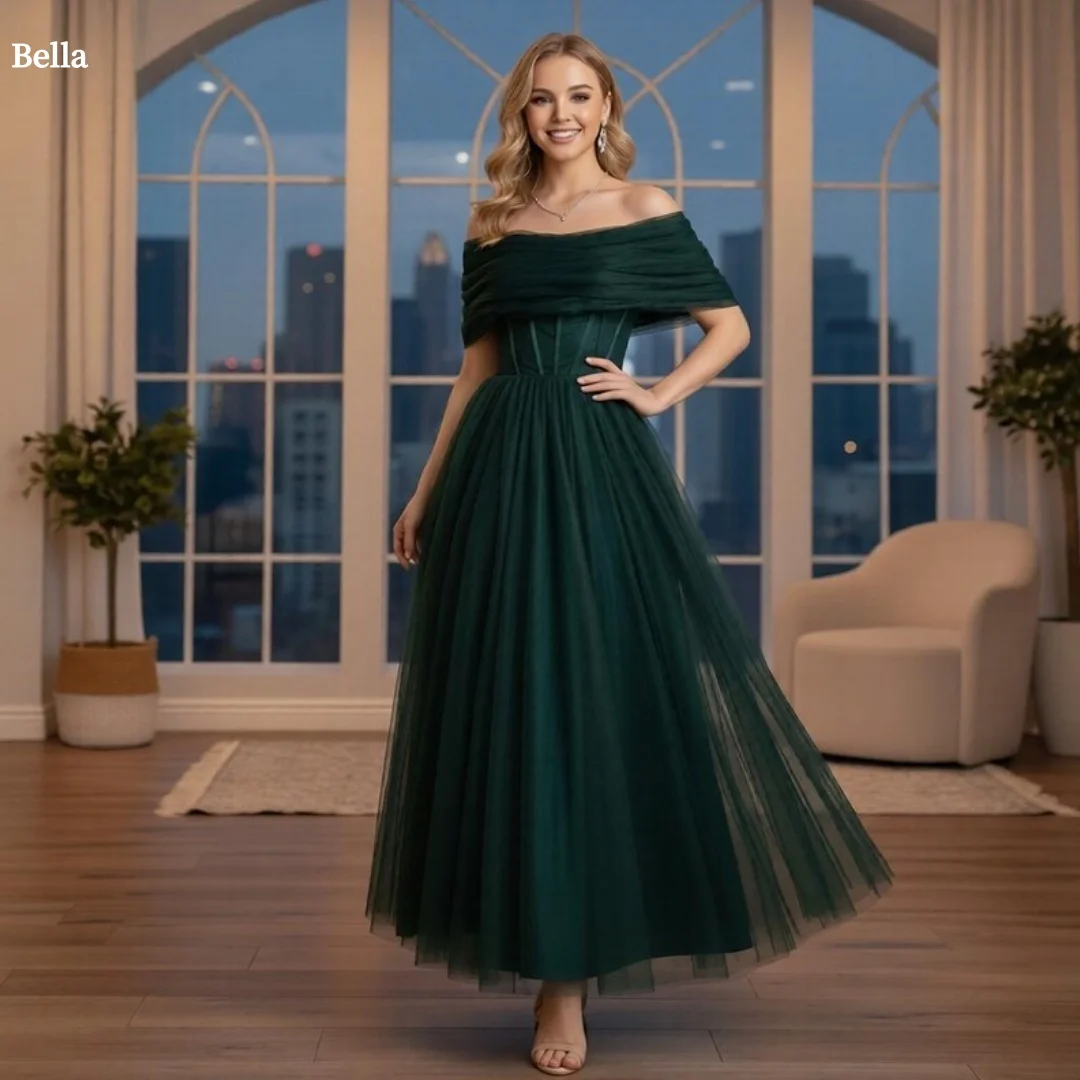 

Bella Customized Dark Green Off Shoulder Prom Dress Corset Tulle Ball Gown robes de soirée Elegant Formal Evening Party Dresses