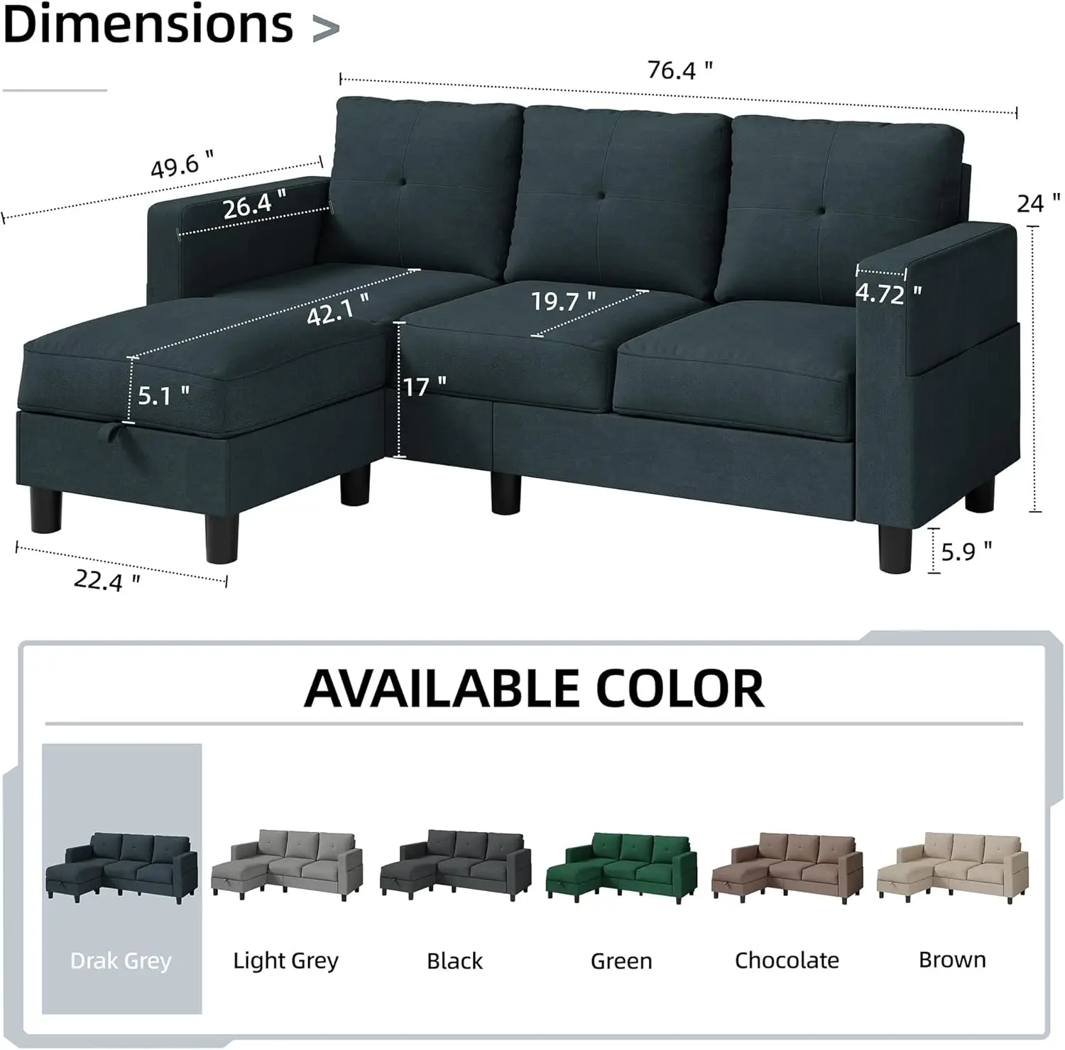 Sectional Sofa Couch,3 Seat L Shaped Couches with Storage Function Ottoman,Modern Linen Convertible Sectionals Sofas with Armres