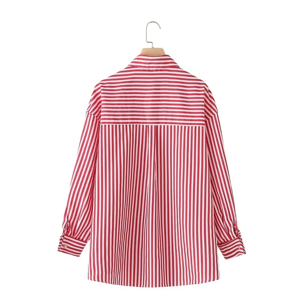 TRAF ZR Striped Shirt Long Sleeves Turn-up Cuffs Elegant Golden Buttons Blouses Back Pleat Woman Tops Chic Women Blouse